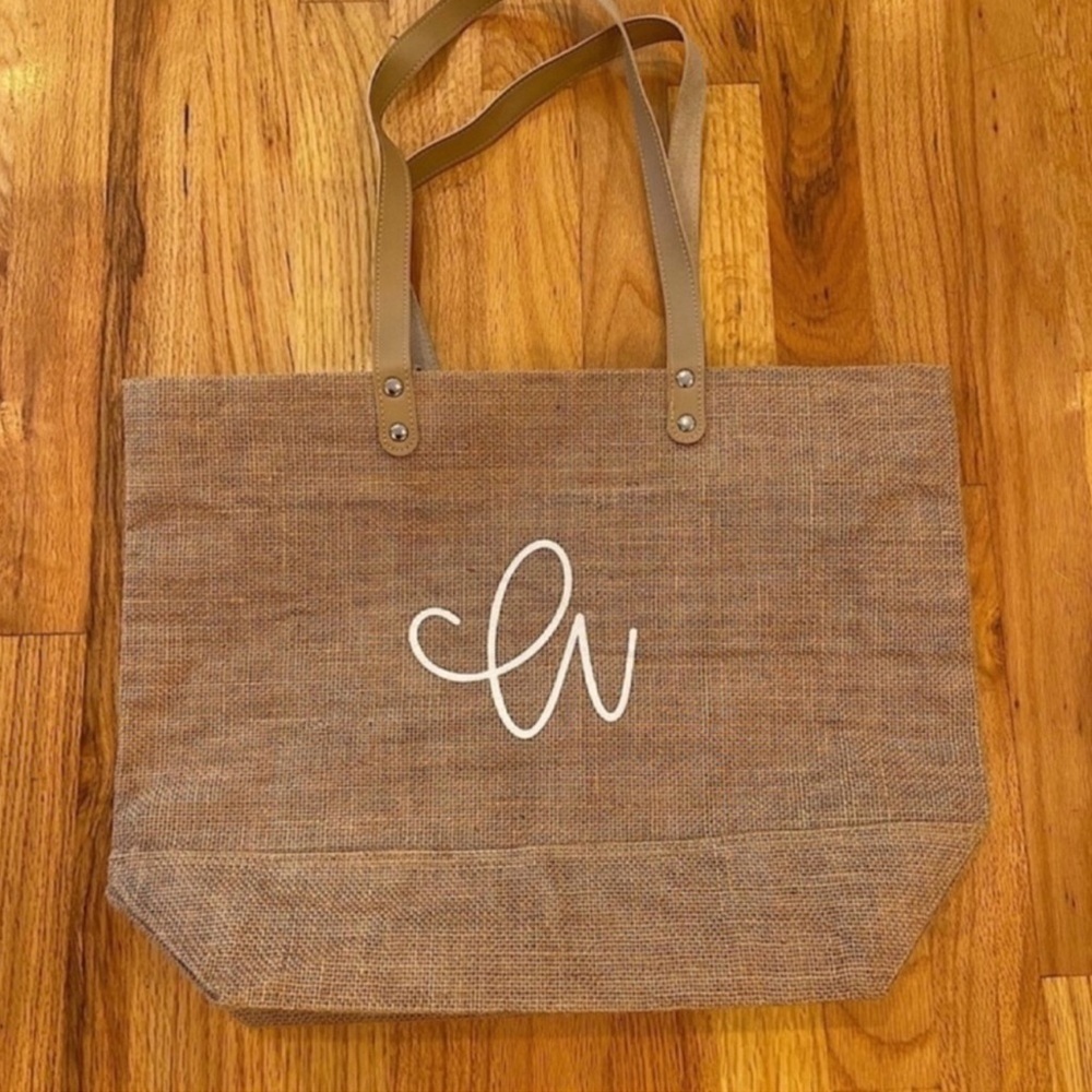 Event Blossom tan burlap “a” monogram shoulder bag